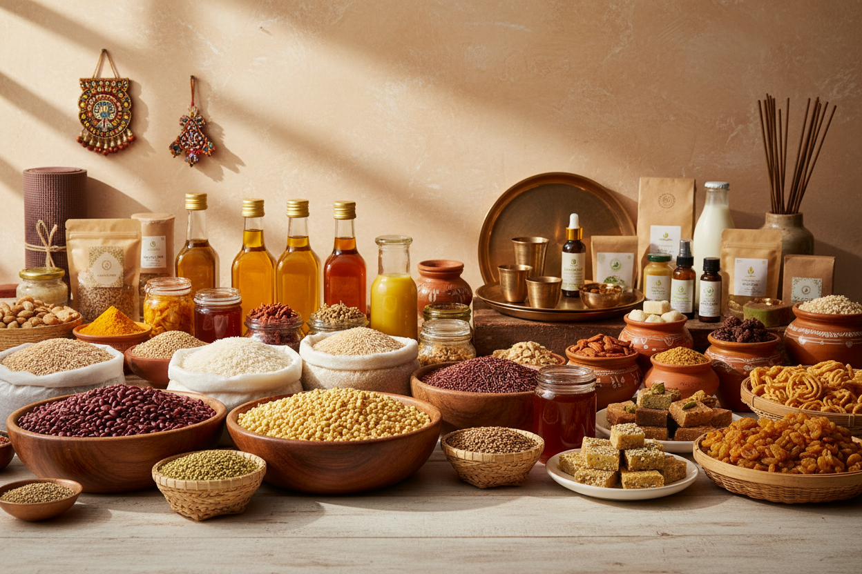 Create a high-quality 16:4 hero banner showcasing a traditional Indian organic grocery store theme. Include visually rich arrangements of organic items such as pulses, rice varieties, millets, cold-pressed oils & ghees, spices, dry fruits, sweets & snacks, pickles, honey, and natural home-care & body-care products. Add subtle elements representing wellness products, personal care, pooja products, gow (cow-based) products, bronze utensils, and Indian arts & crafts. Use a clean wooden or earthy textured backgslider_item_G9Jchz